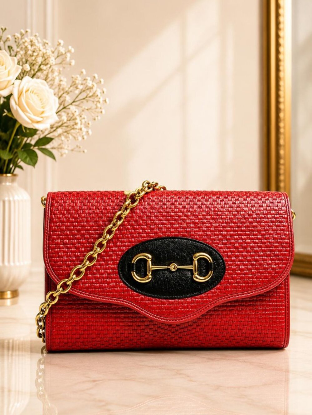 Authentic Gucci Zumi Red Raffia Leather Chain Wallet Clutch Crossbody Bag